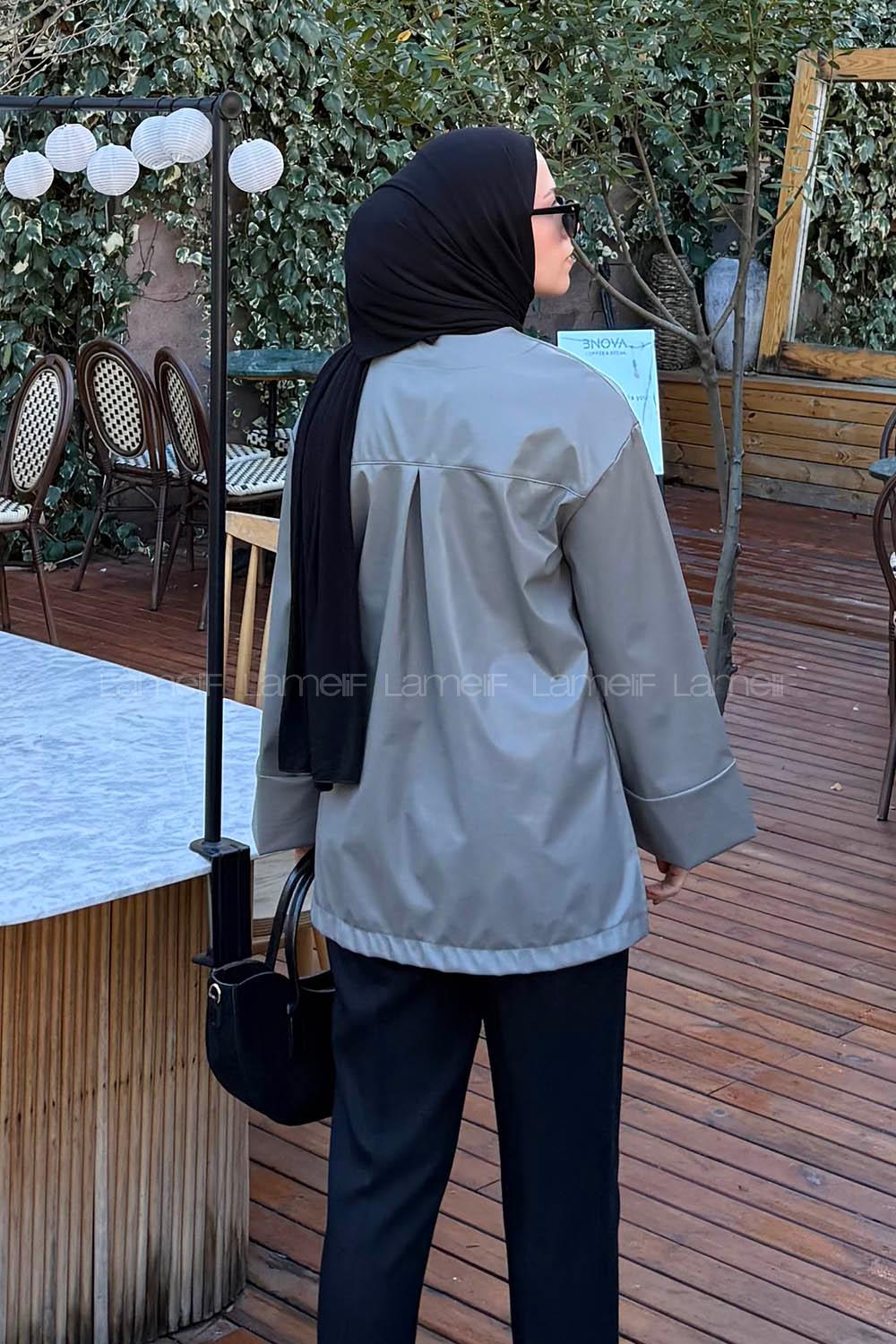 Gray V Neck Long Arm Skin Polyester Jacket