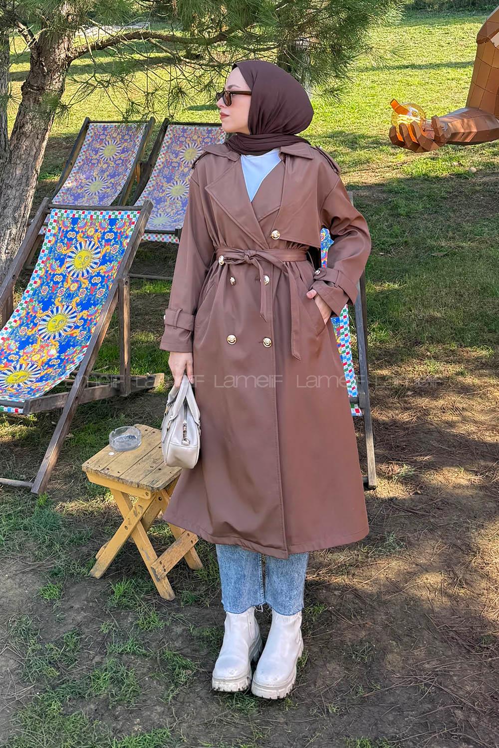 Lamelif Düğme Detaylı Trençkot Kahverengi