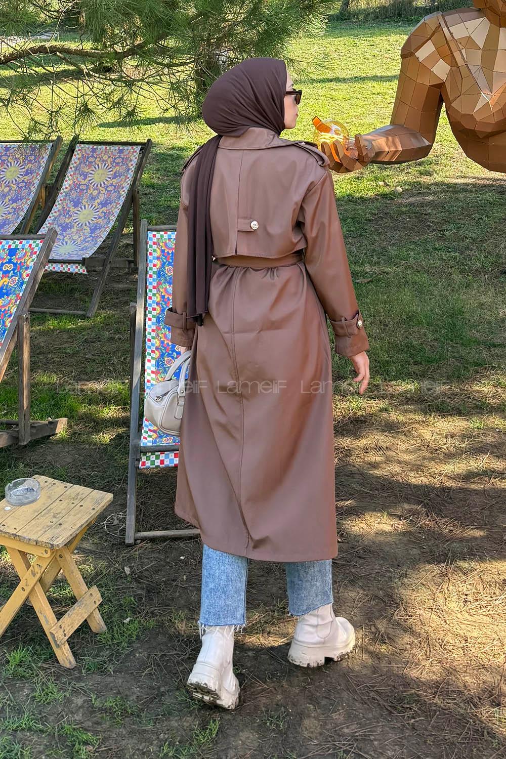 Lamelif Düğme Detaylı Trençkot Kahverengi