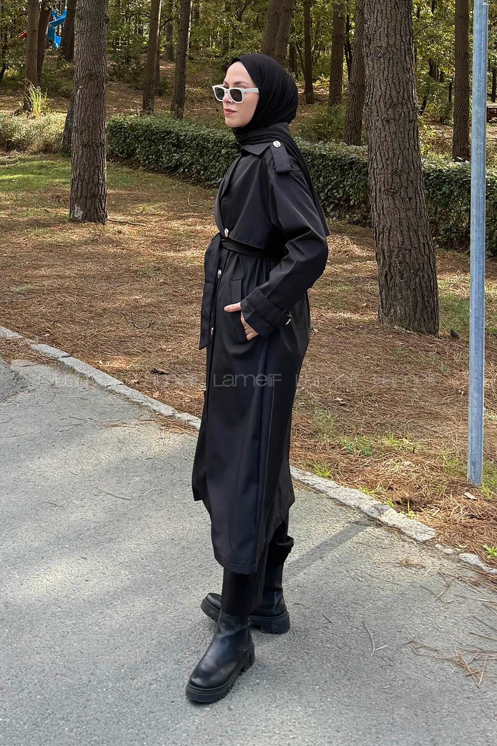 Lamelif Düğme Detaylı Trençkot Siyah
