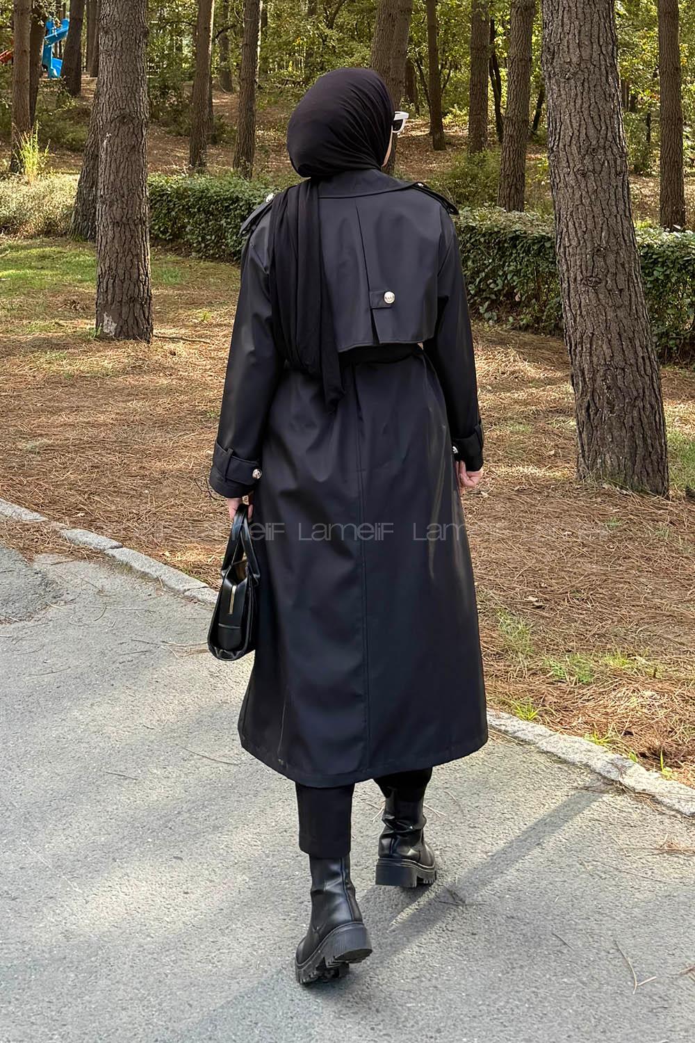 Lamelif Düğme Detaylı Trençkot Siyah