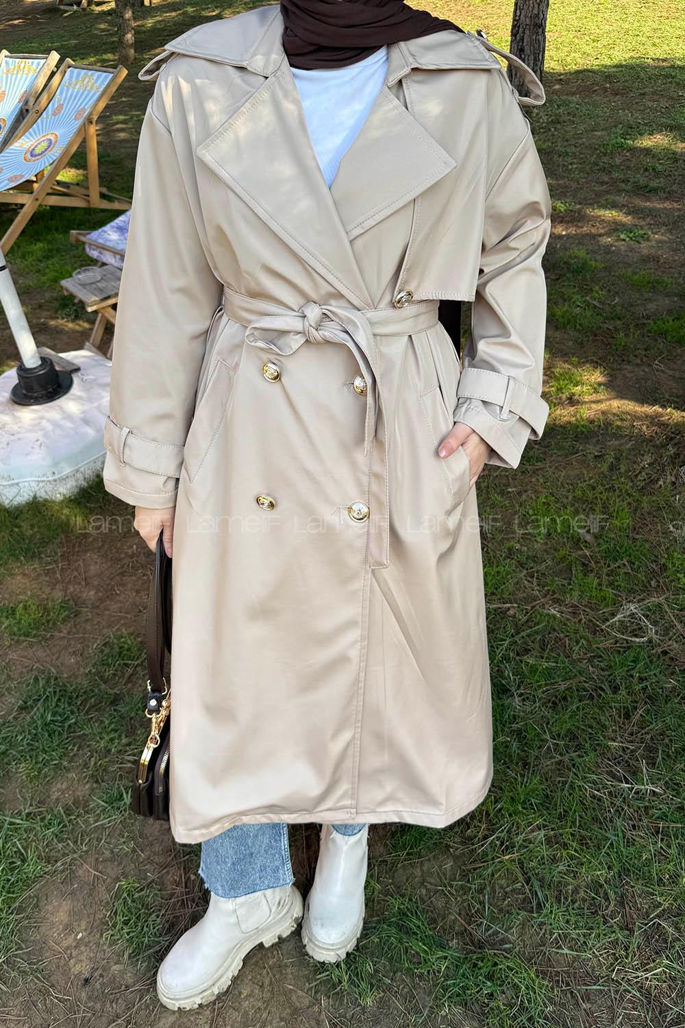 Lamelif Düğme Detaylı Trençkot Taş Rengi