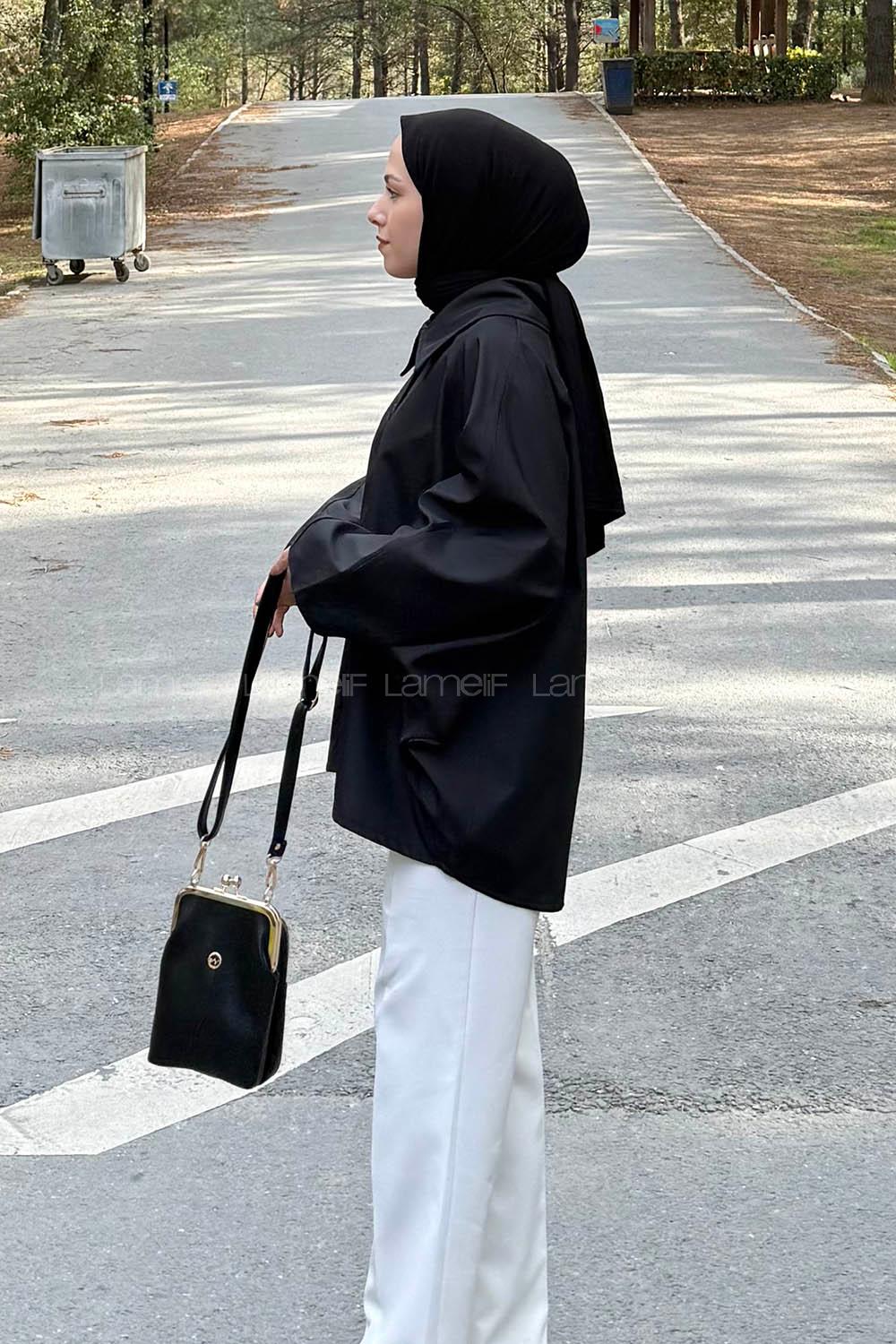 Lamelif Düğmeli Panço Siyah