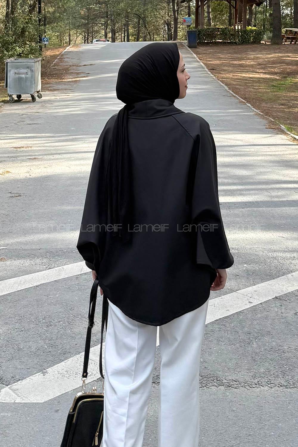 Lamelif Düğmeli Panço Siyah