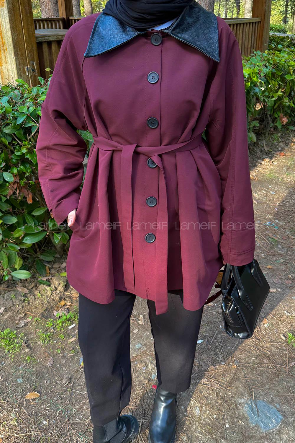 Lamelif Garni Yaka Trençkot Bordo