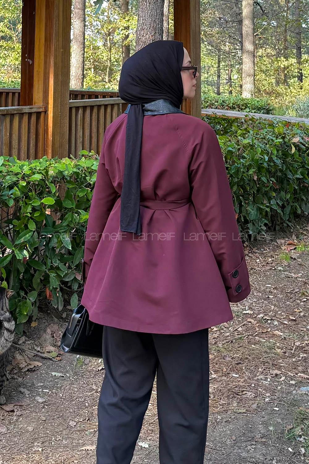 Lamelif Garni Yaka Trençkot Bordo