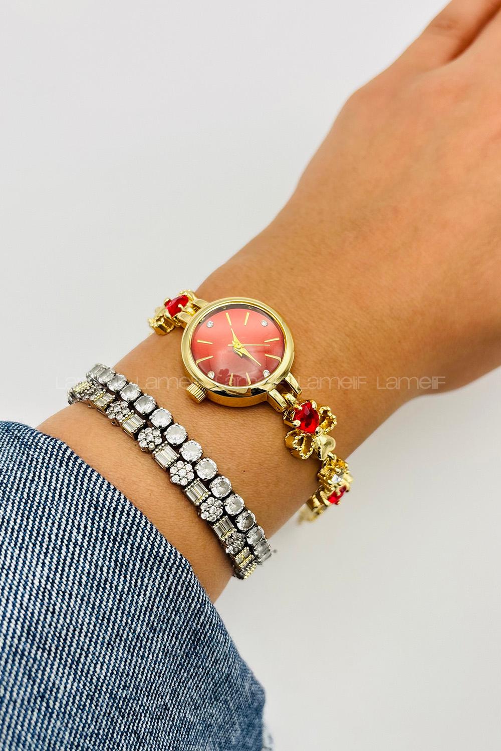 Lamelif Gold Kırmızı Yonca Kristal Taşlı Metal Kordon Kol Saati