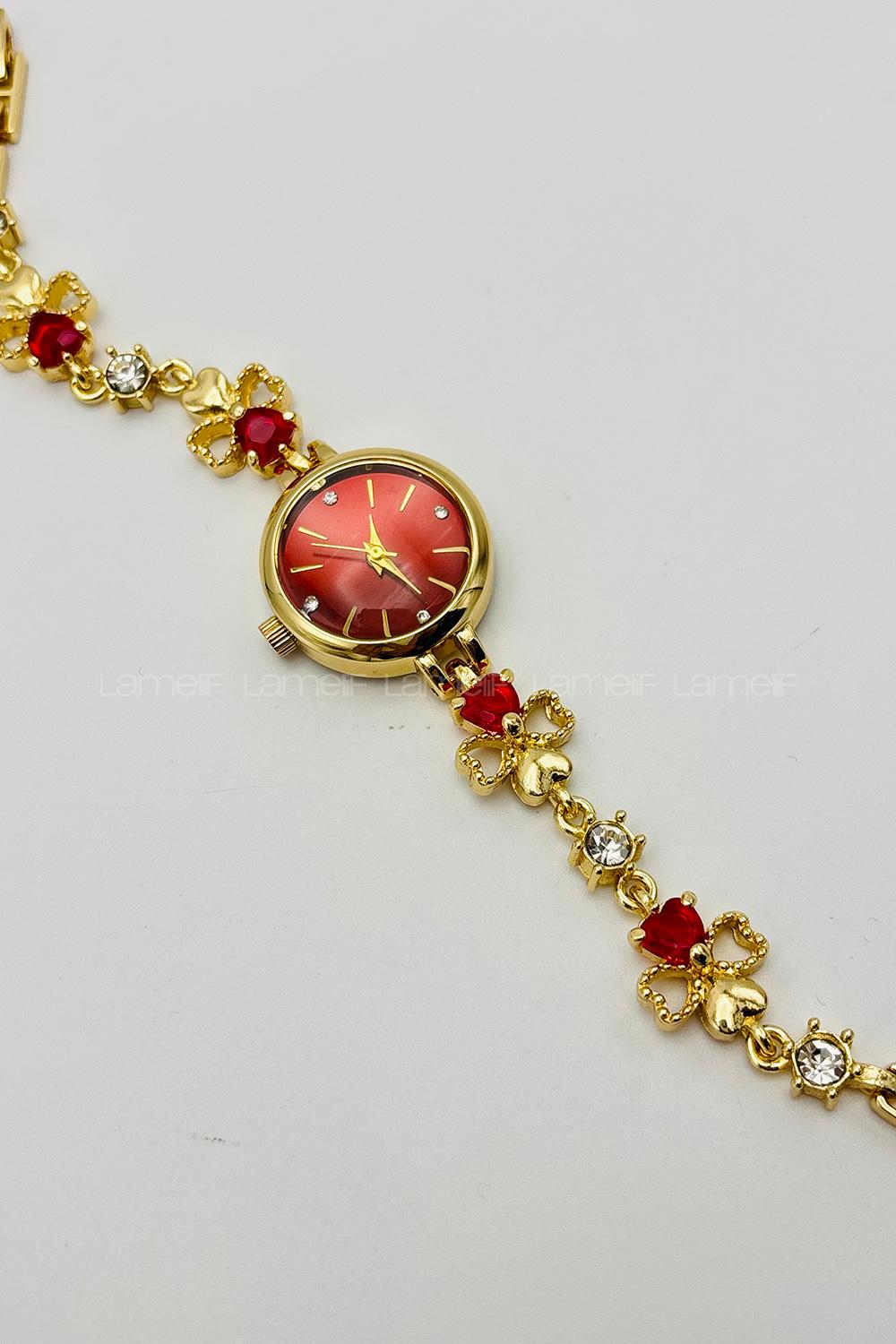 Lamelif Gold Kırmızı Yonca Kristal Taşlı Metal Kordon Kol Saati