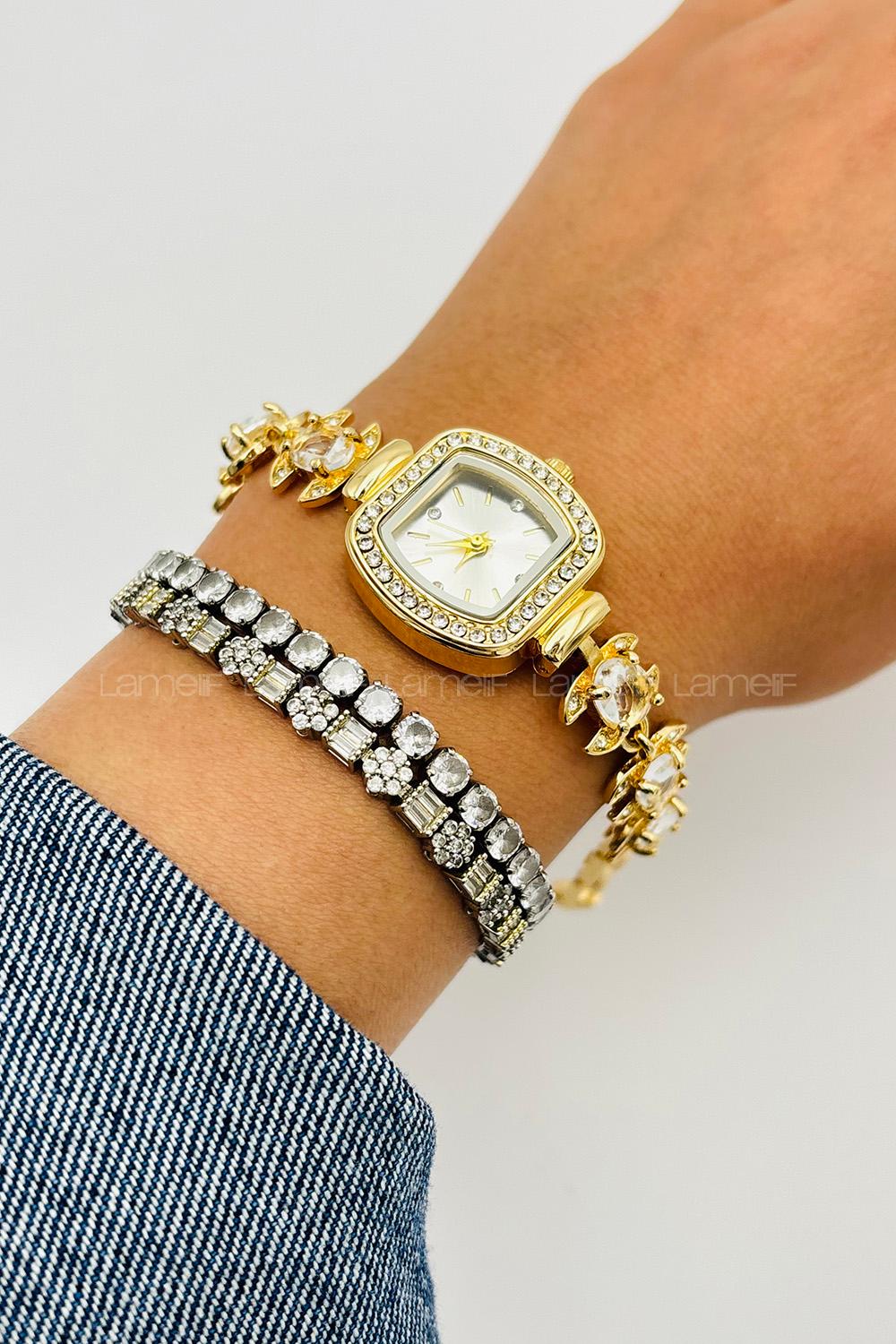 Lamelif Gold Kristal Taşlı Kol Saati