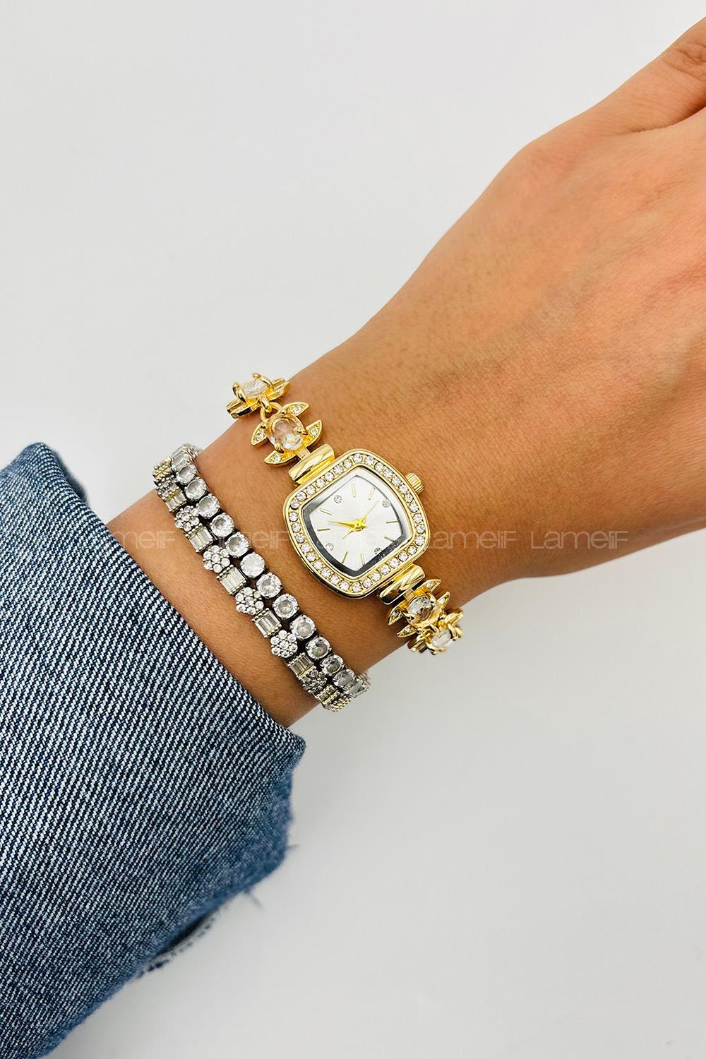 Lamelif Gold Kristal Taşlı Kol Saati