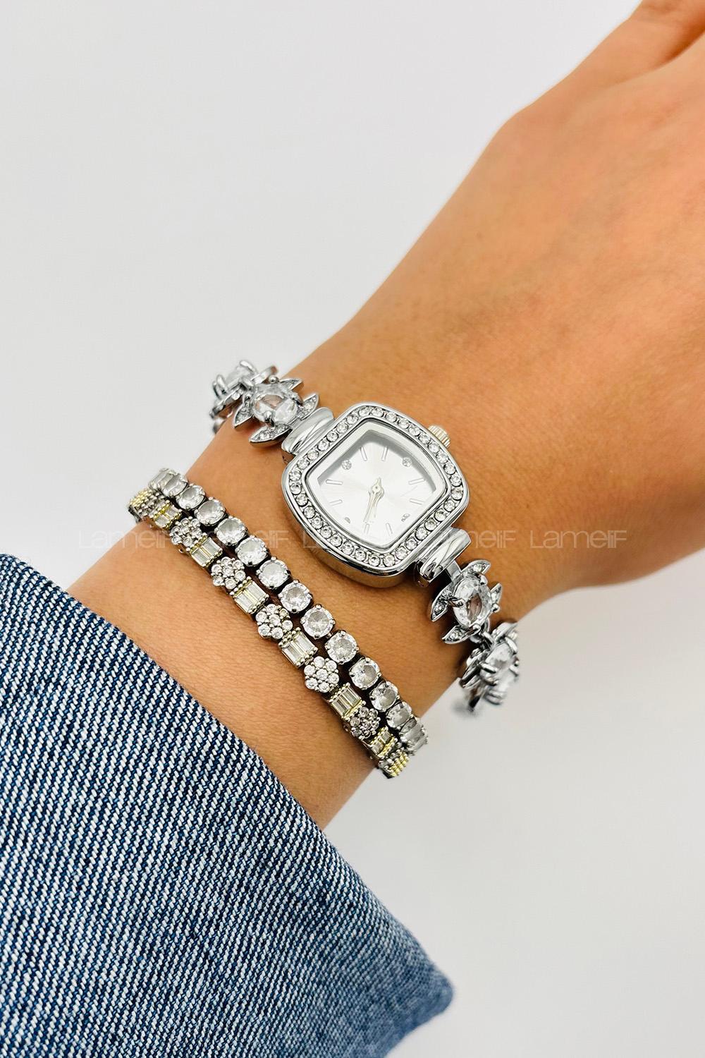 Lamelif Gümüş Kristal Taşlı Kol Saati
