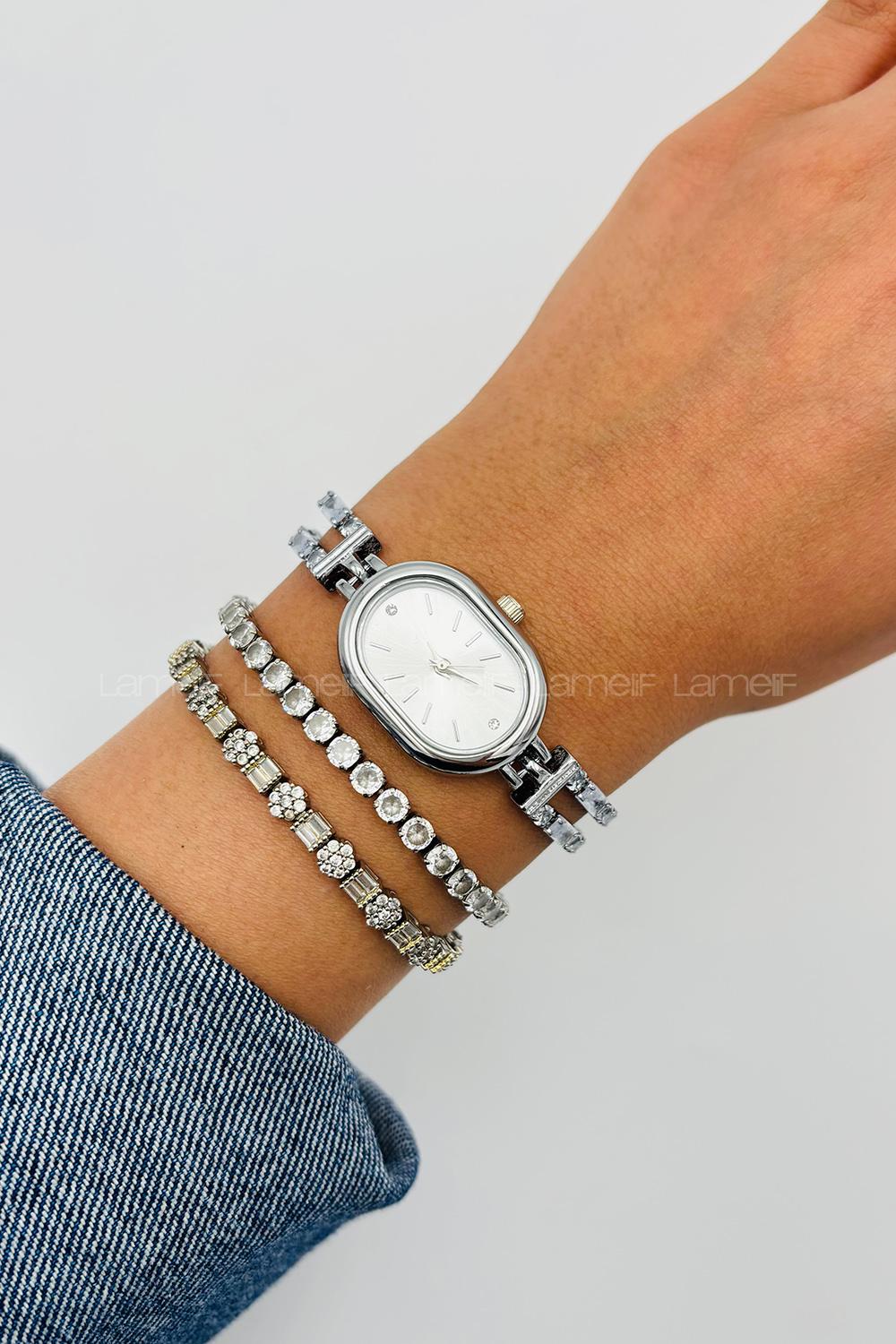 Lamelif Gümüş Kristal Taşlı Metal Kordon Kol Saati