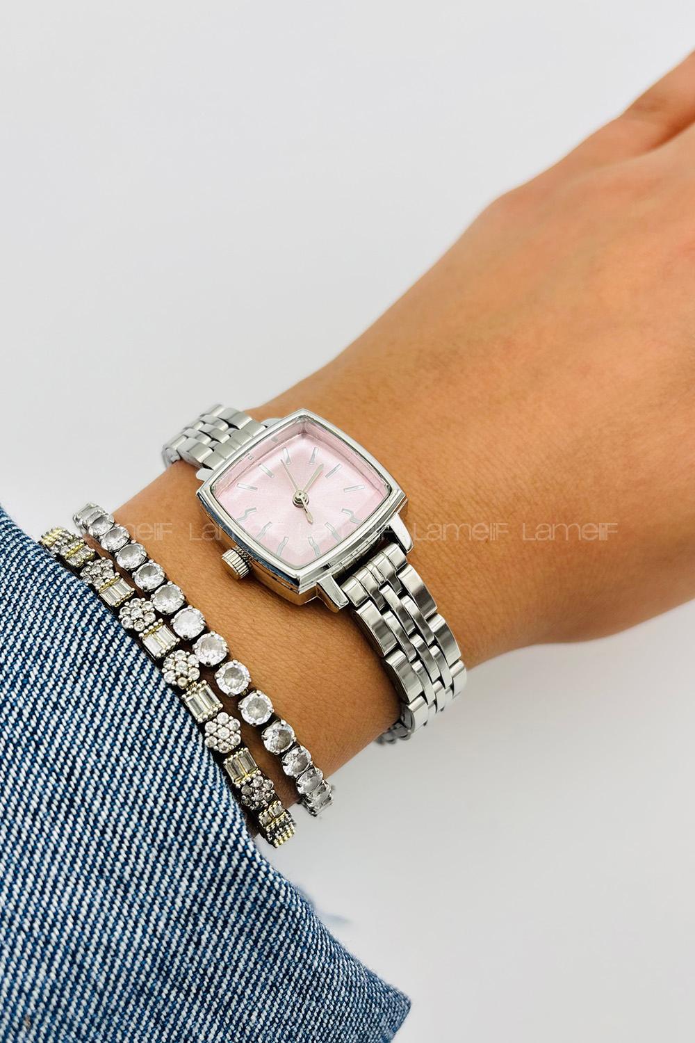 Lamelif Gümüş Metal Kordon Pudra Ekartman  Kol Saati