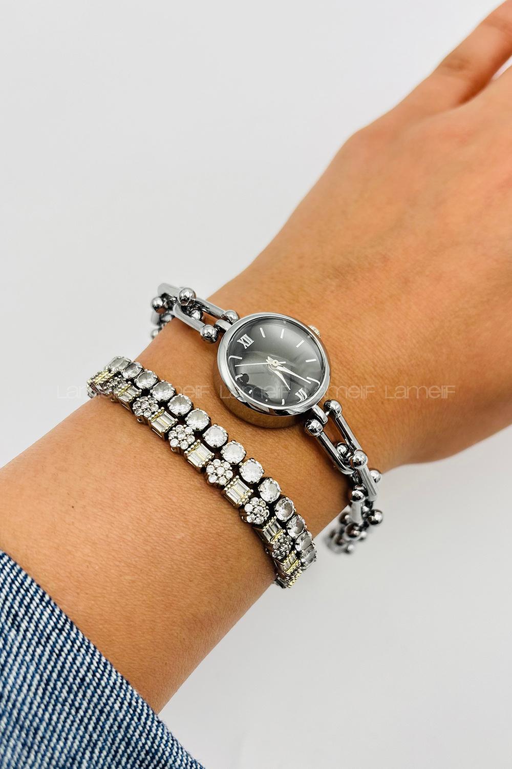 Lamelif Gümüş Siyah Ekartman Tiffany Kordon Kol Saati