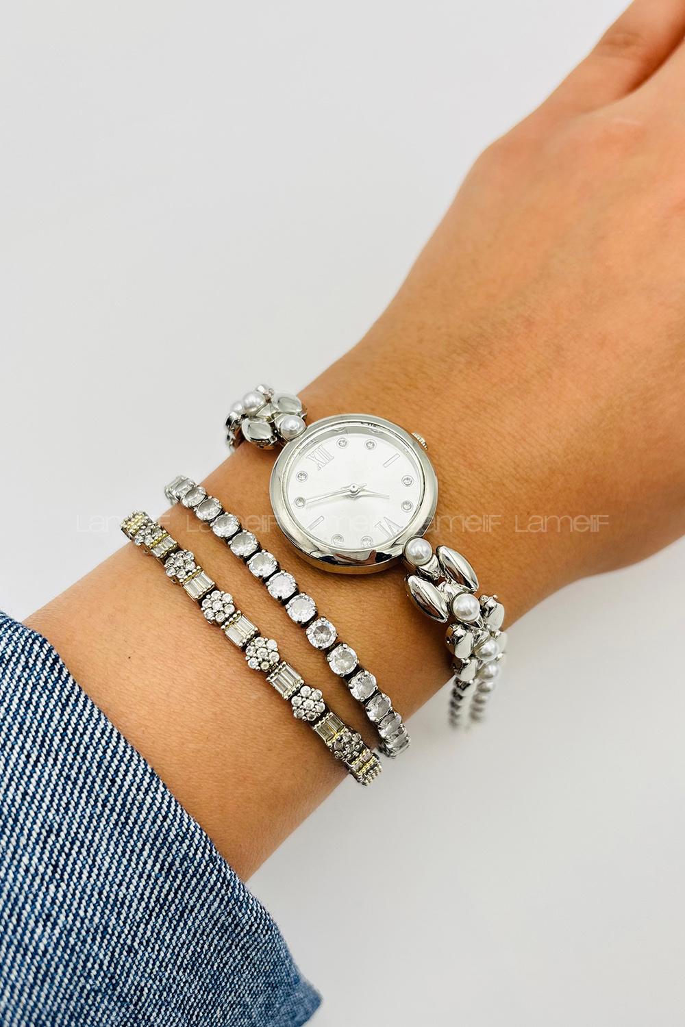 Lamelif Gümüş Vintage İnci Detaylı Metal Kordon Kol Saati