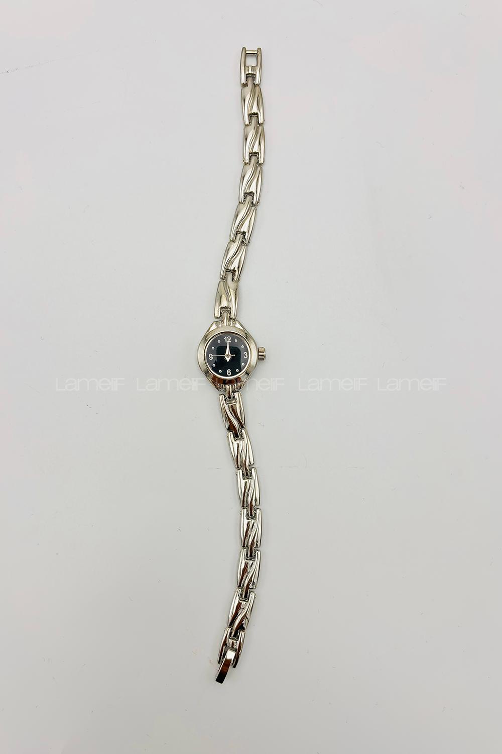 Lamelif Gümüş Vintage Siyah Ekartman Metal Kordon Kol Saati
