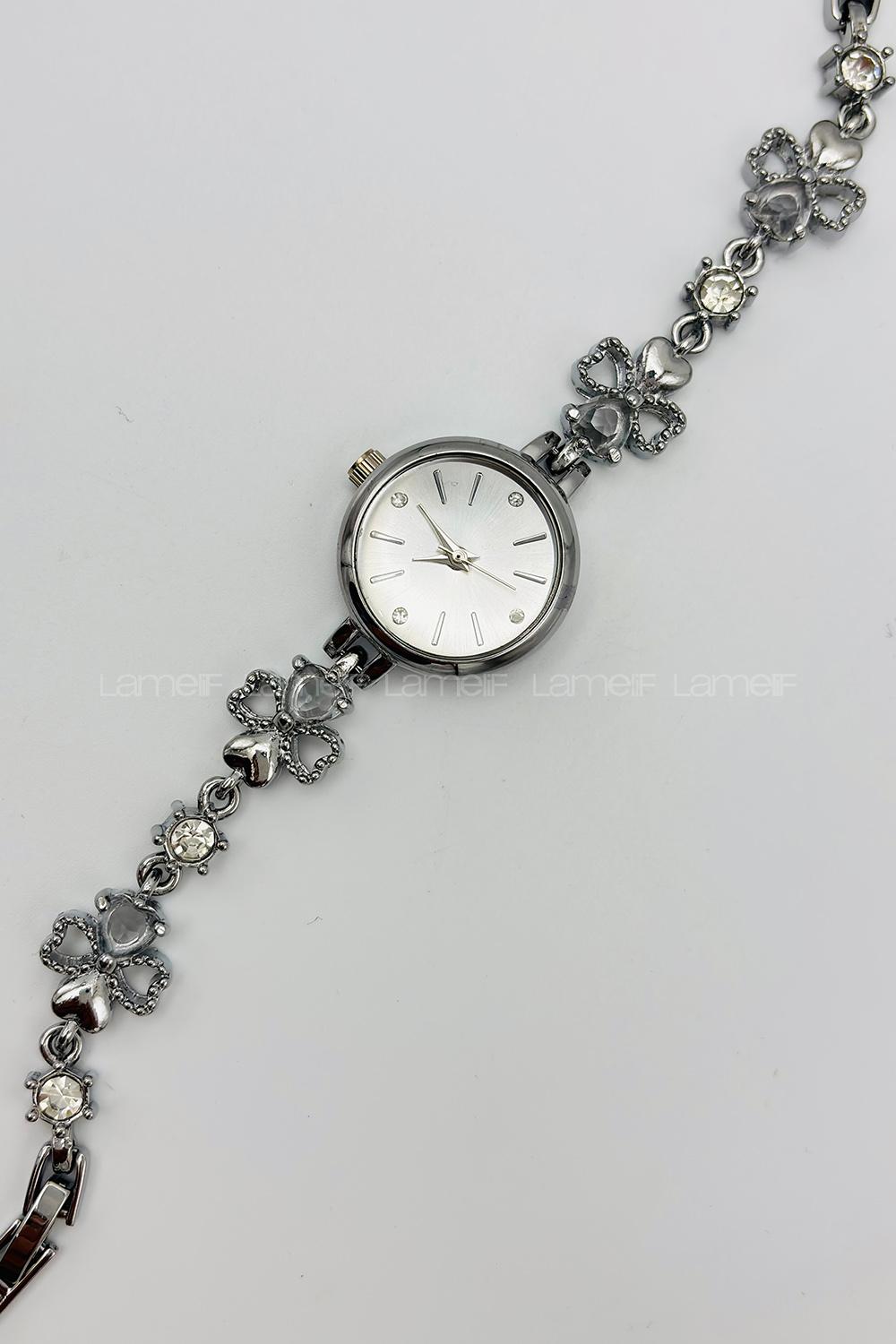 Lamelif Gümüş Yonca Kristal Taşlı Metal Kordon Kol Saati