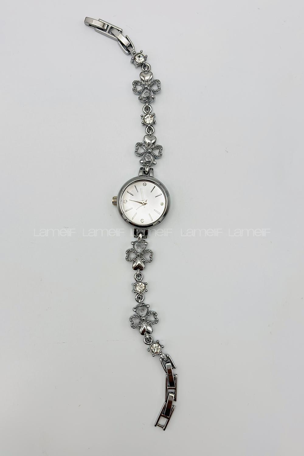 Lamelif Gümüş Yonca Kristal Taşlı Metal Kordon Kol Saati