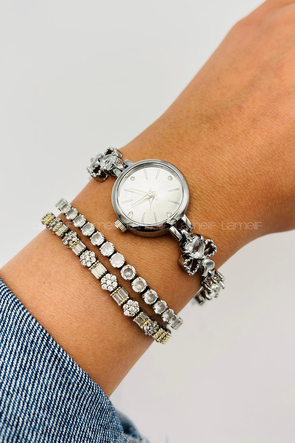 Lamelif Gümüş Yonca Kristal Taşlı Metal Kordon Kol Saati