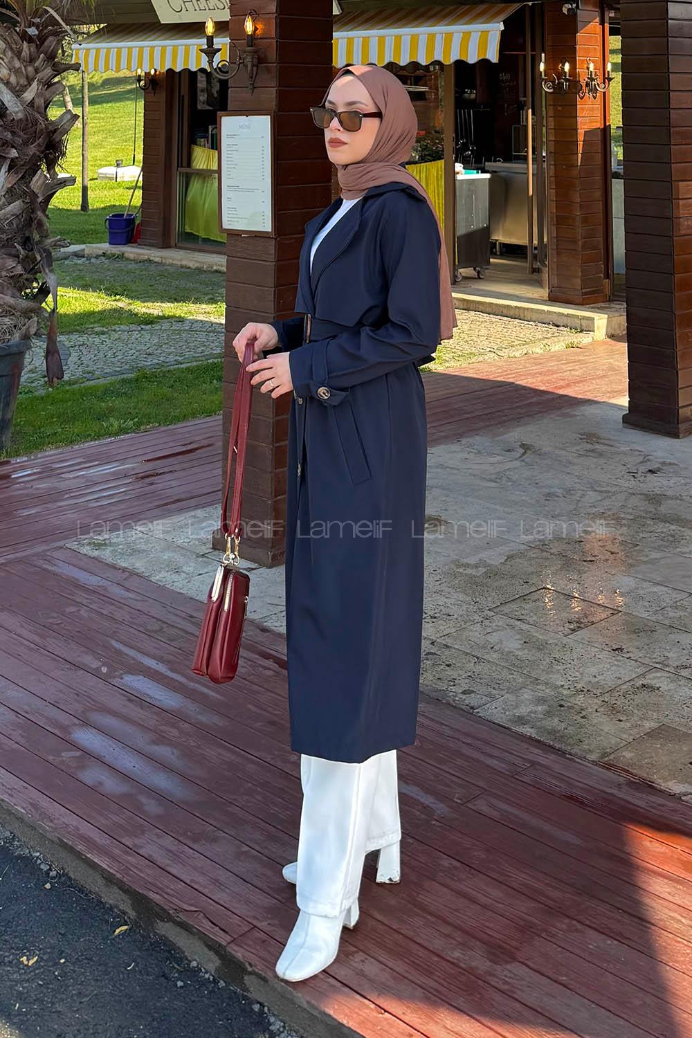 Lamelif Kuşaklı Omuz Apoletli Trençkot Lacivert