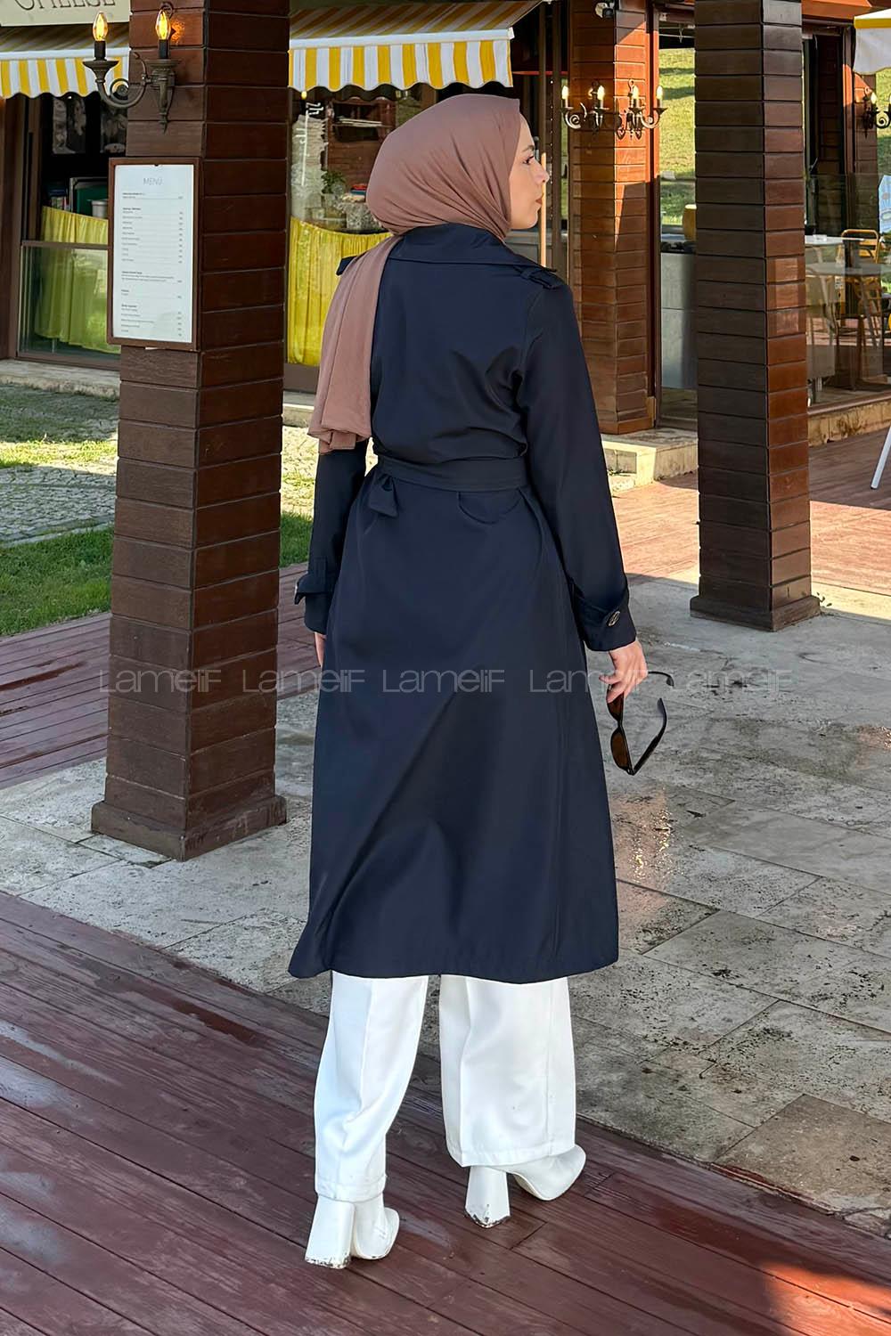 Lamelif Kuşaklı Omuz Apoletli Trençkot Lacivert