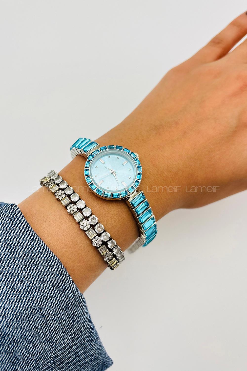 Lamelif Mavi Taş Detaylı Metal Kordon Kol Saati