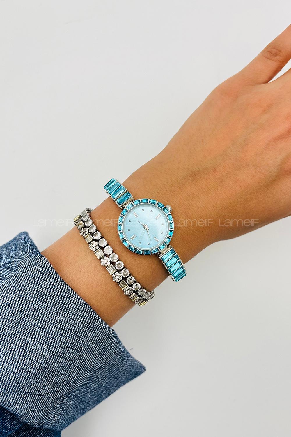 Lamelif Mavi Taş Detaylı Metal Kordon Kol Saati