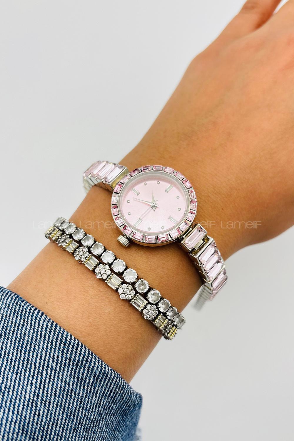 Lamelif Pembe Taş Detaylı Metal Kordon Kol Saati