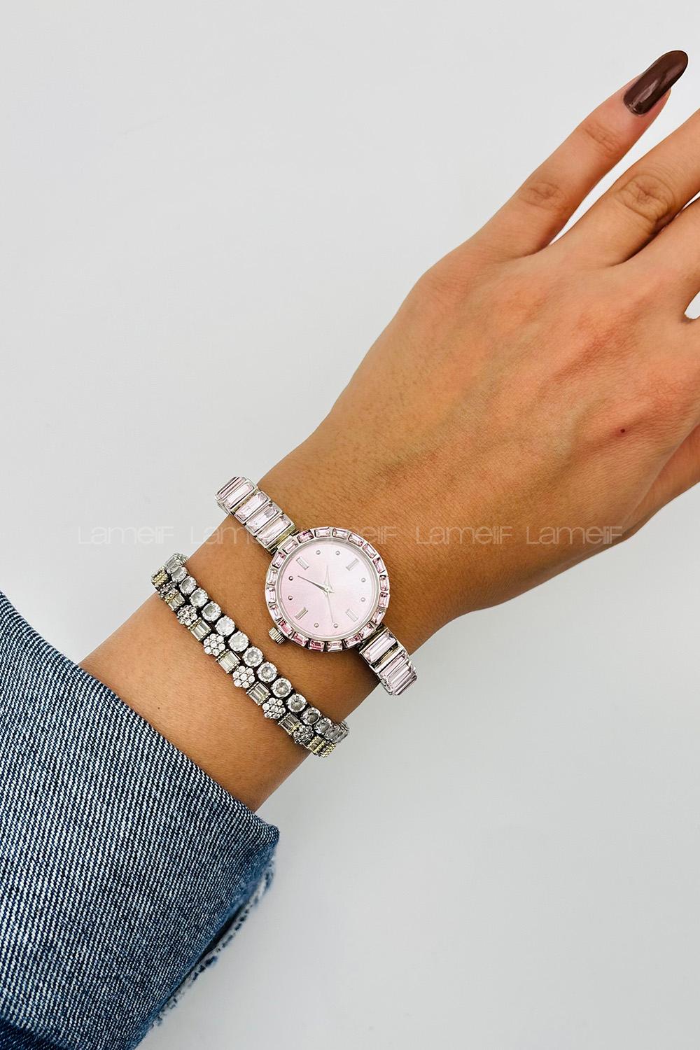 Lamelif Pembe Taş Detaylı Metal Kordon Kol Saati