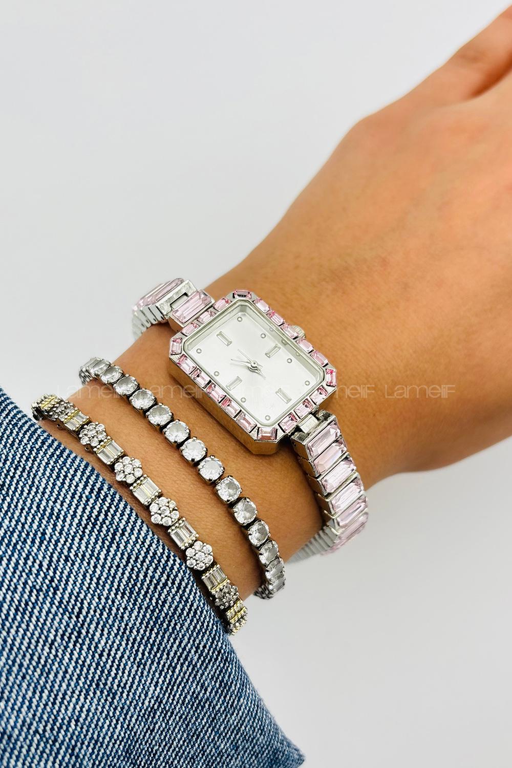 Lamelif Pembe Taş Detaylı Metal Kordon Kol Saati