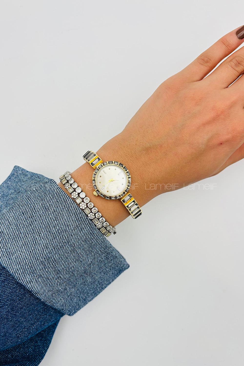 Lamelif Siyah Taş Detaylı Metal Kordon Kol Saati