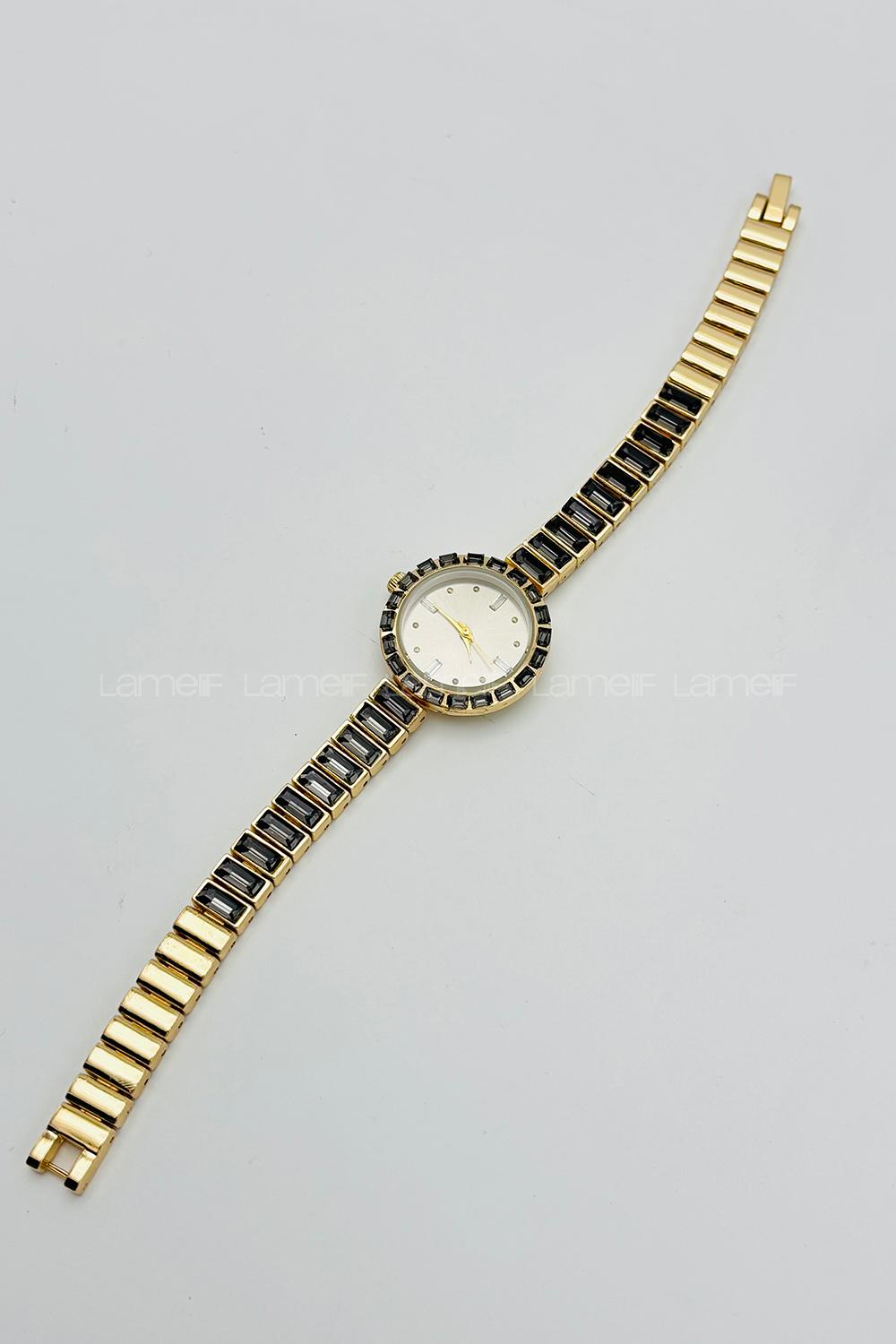 Lamelif Siyah Taş Detaylı Metal Kordon Kol Saati