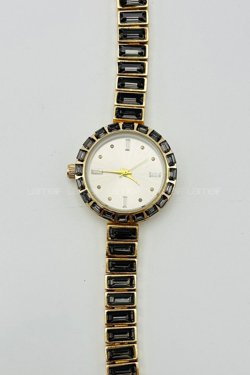 Lamelif Siyah Taş Detaylı Metal Kordon Kol Saati