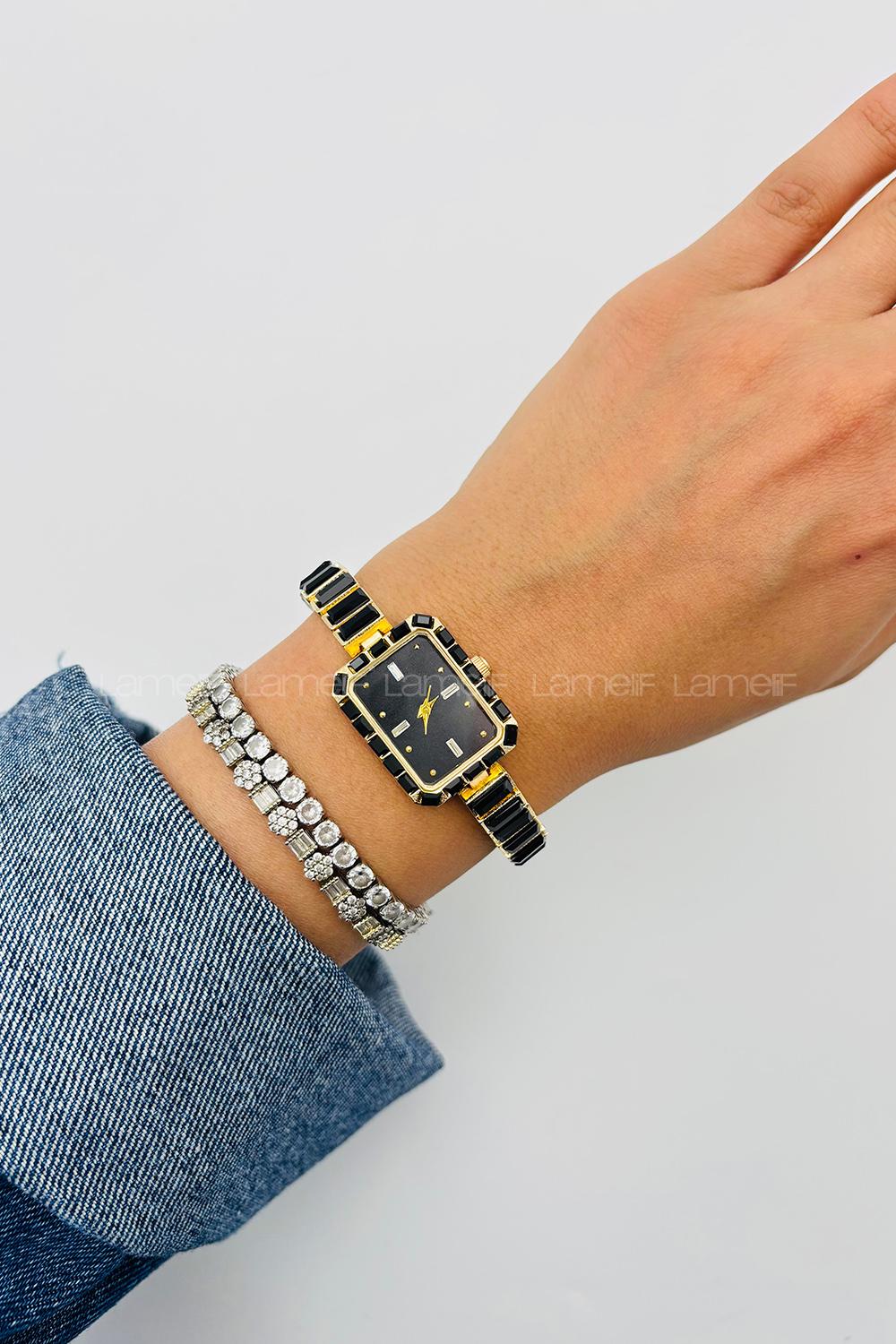 Lamelif Siyah Taş Detaylı Metal Kordon Kol Saati