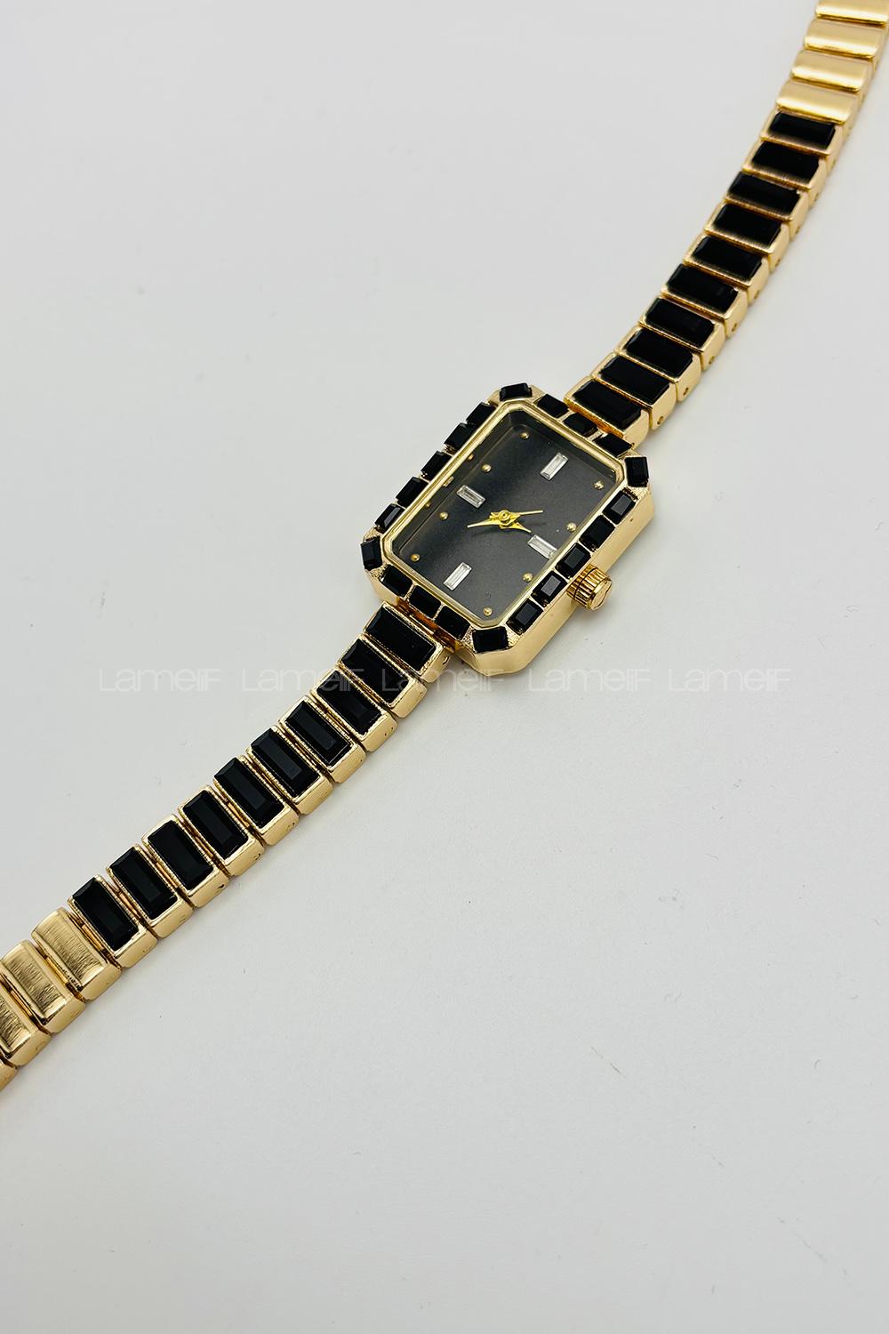 Lamelif Siyah Taş Detaylı Metal Kordon Kol Saati