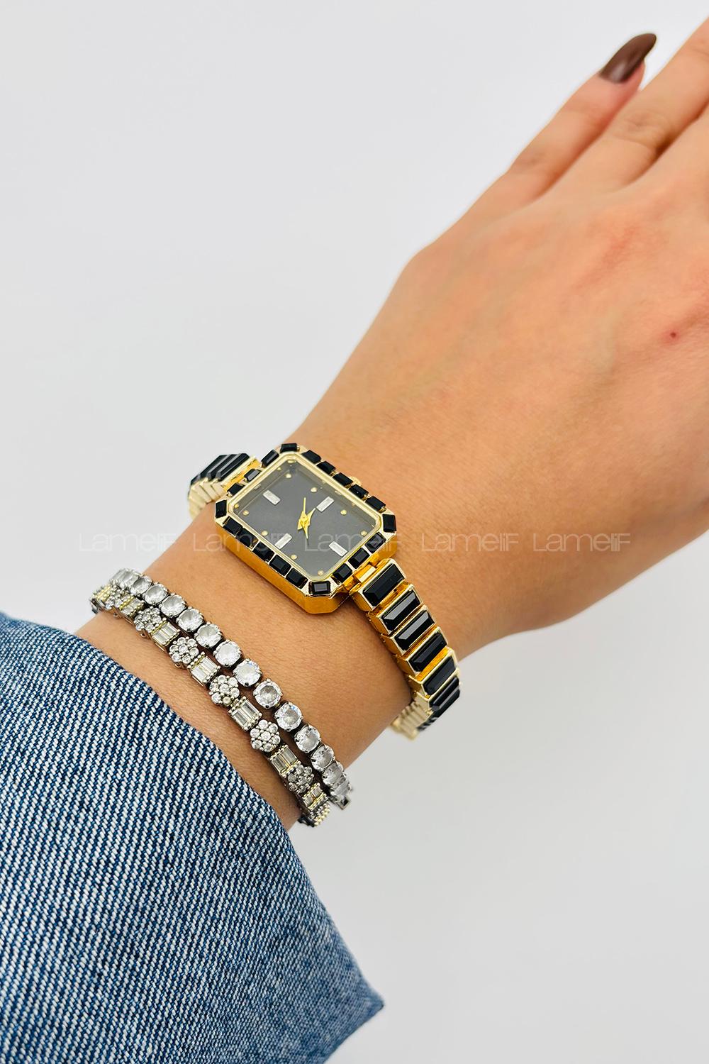 Lamelif Siyah Taş Detaylı Metal Kordon Kol Saati