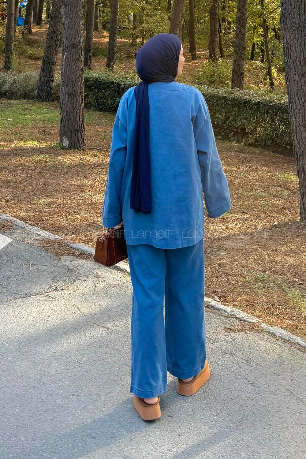 Lamelif V Yaka Düğmeli İkili Takım Kot Mavisi