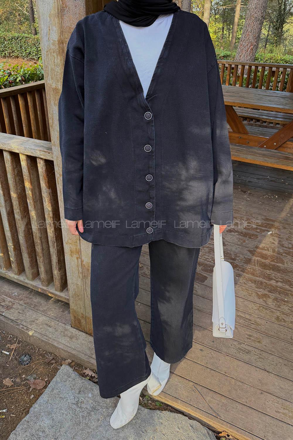 Lamelif V Yaka Düğmeli İkili Takım Siyah