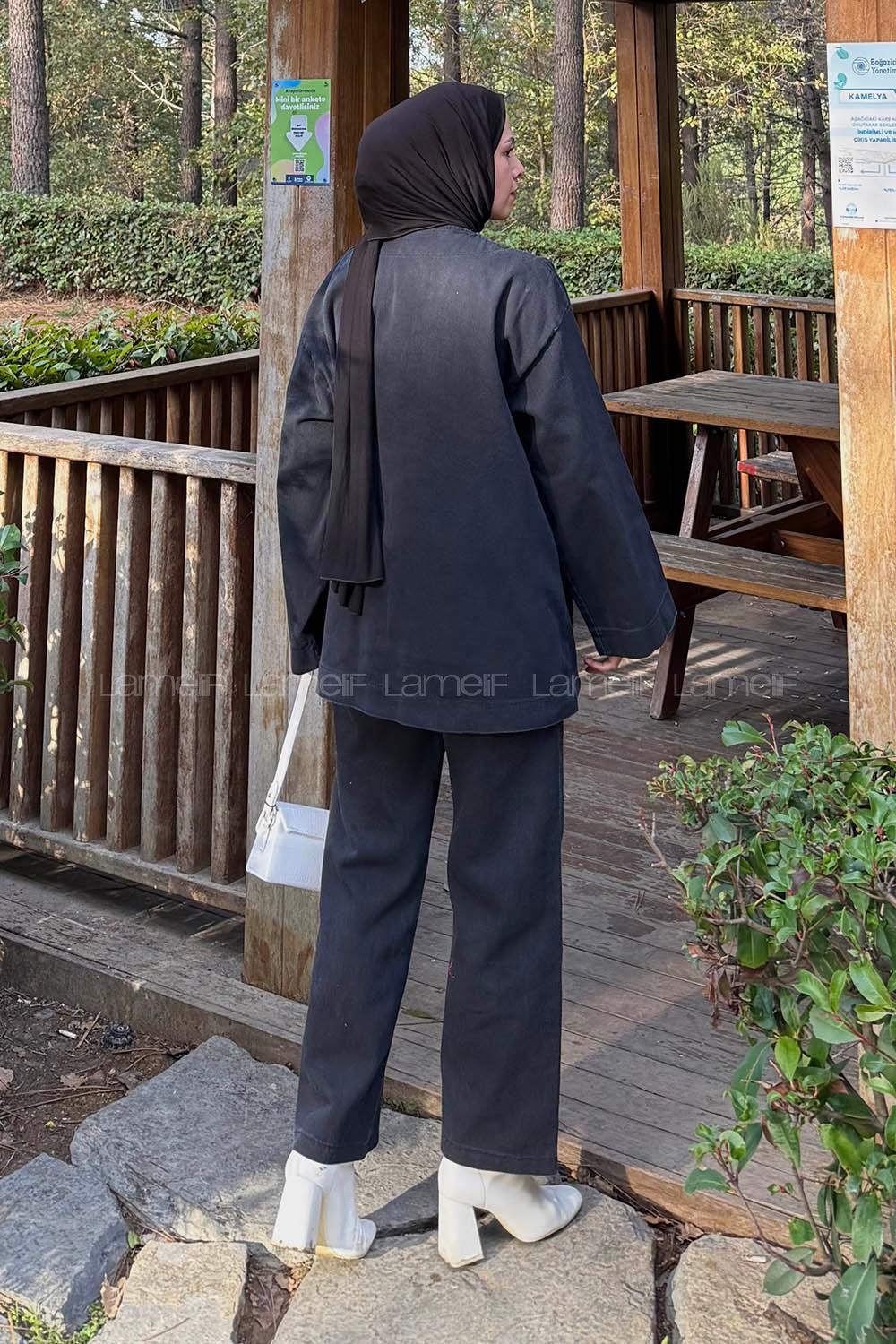 Lamelif V Yaka Düğmeli İkili Takım Siyah