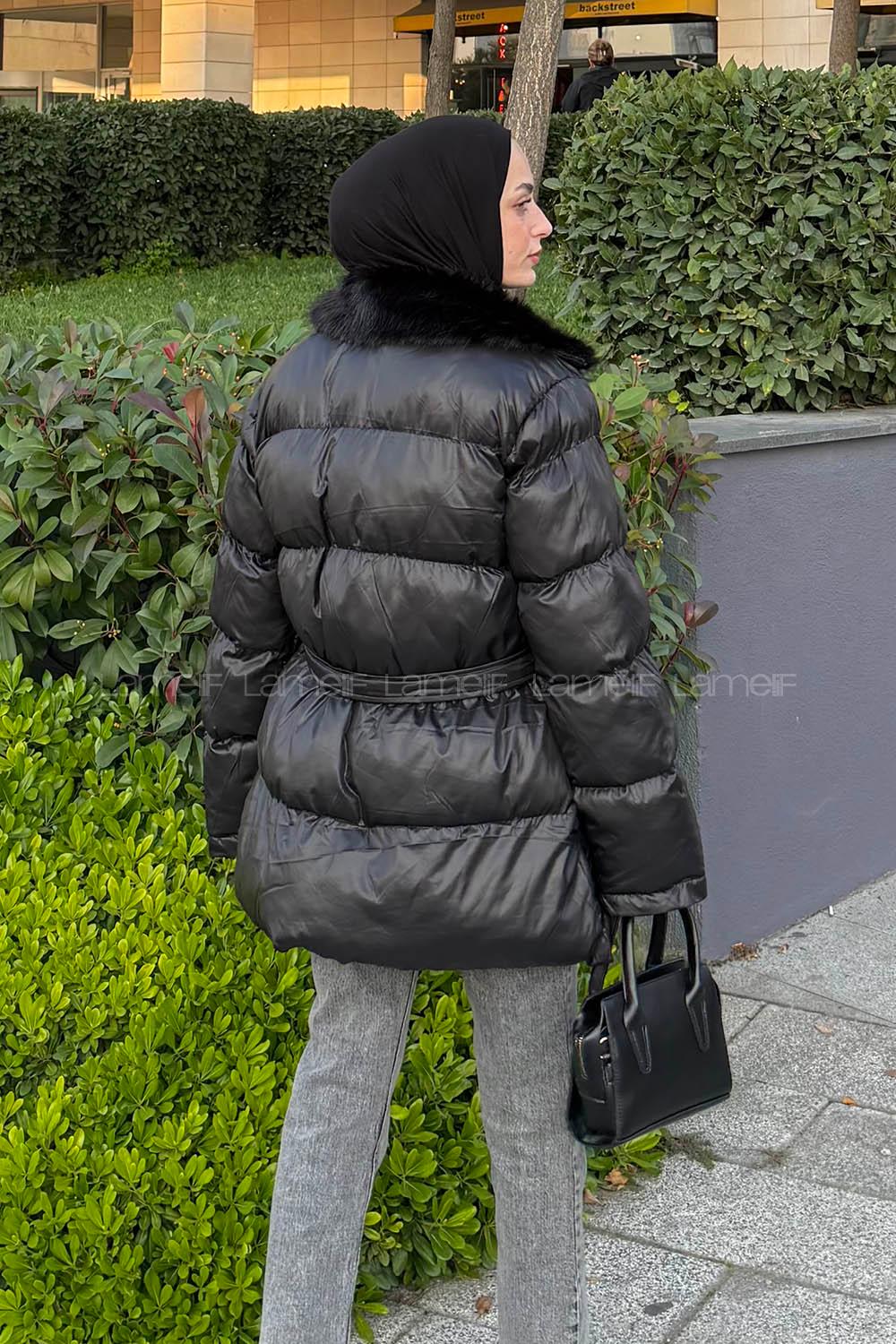 Lamelif Bağlama Detaylı Kürk Yaka Şişme Mont Siyah