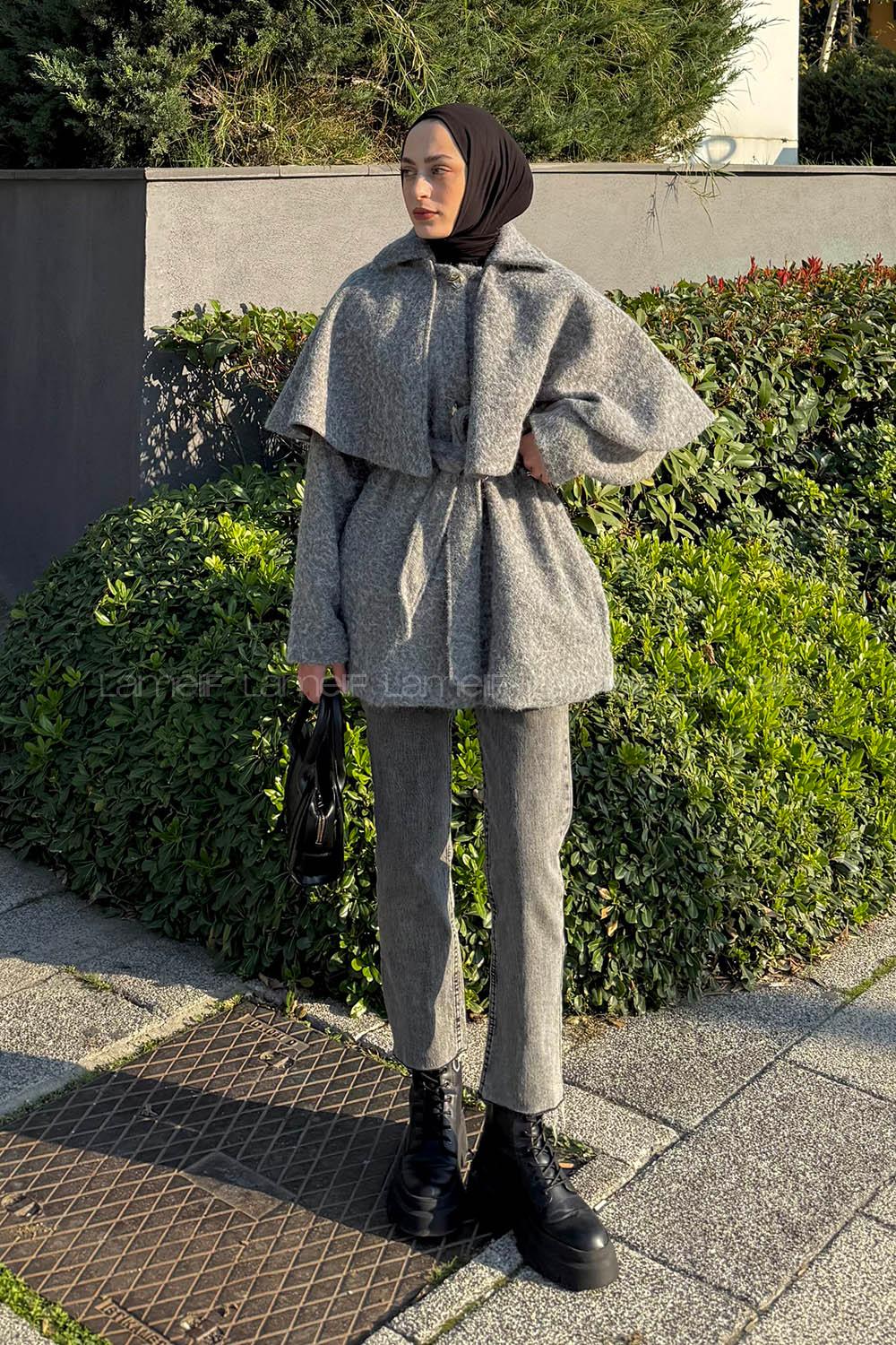 Lamelif Bağlama Detaylı Pelerinli Kaban Gri