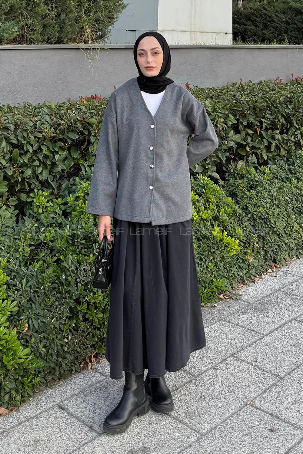Lamelif Düğmeli V Yaka Ceket Antrasit