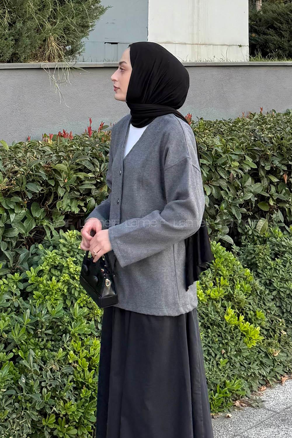 Lamelif Düğmeli V Yaka Ceket Antrasit