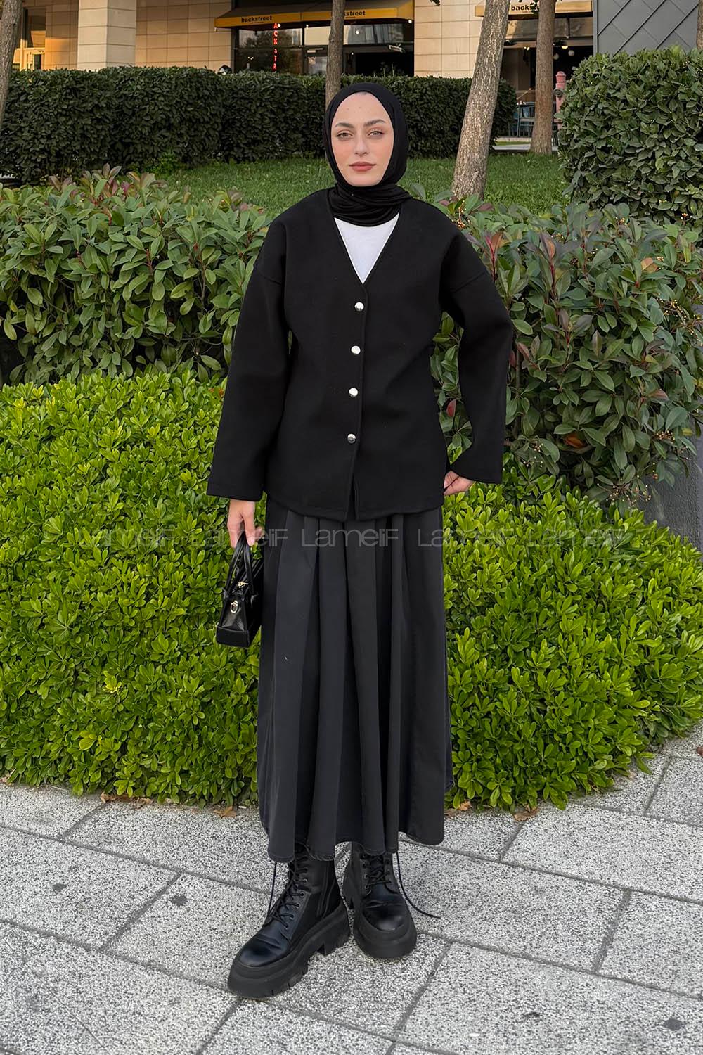 Lamelif Düğmeli V Yaka Ceket Siyah