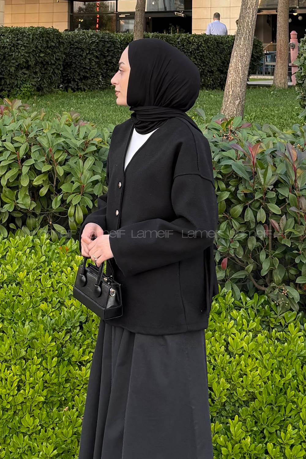 Lamelif Düğmeli V Yaka Ceket Siyah