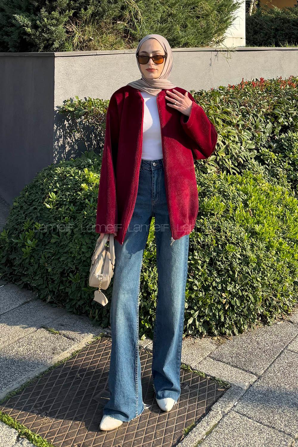 Lamelif Fermuarlı Kaban Bordo