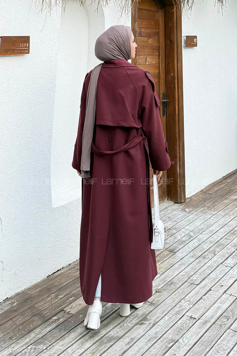 Claret Red Long Arm Lycra Polyester Trench Coat