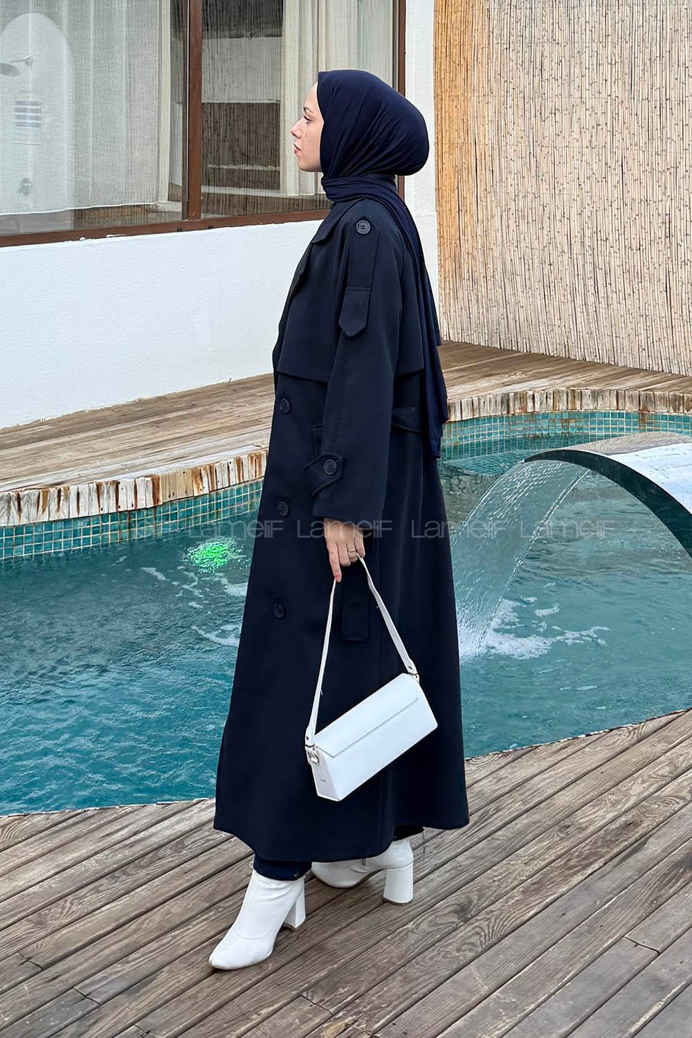 Navy Blue Long Arm Lycra Polyester Trench Coat