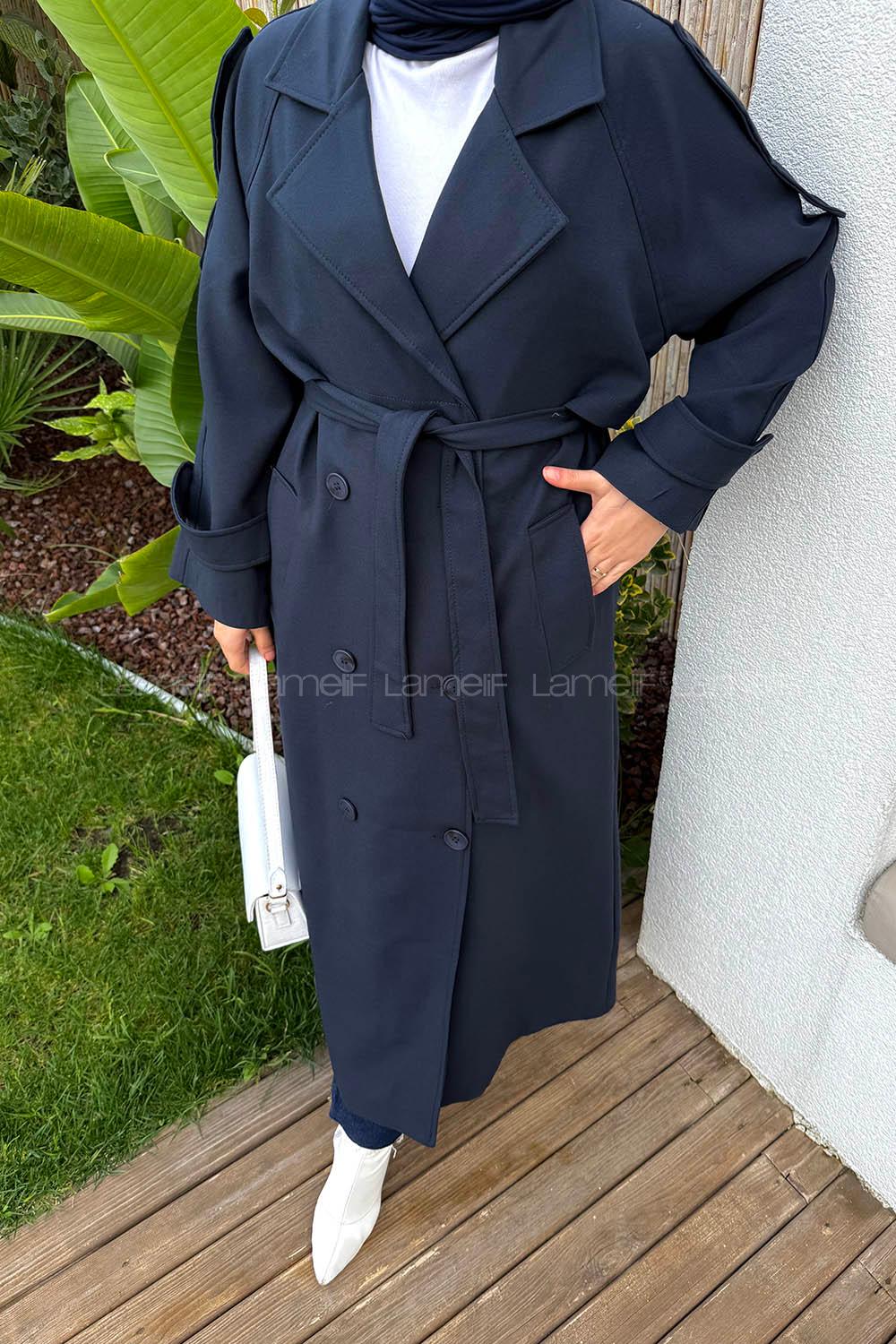 Navy Blue Long Arm Lycra Polyester Trench Coat