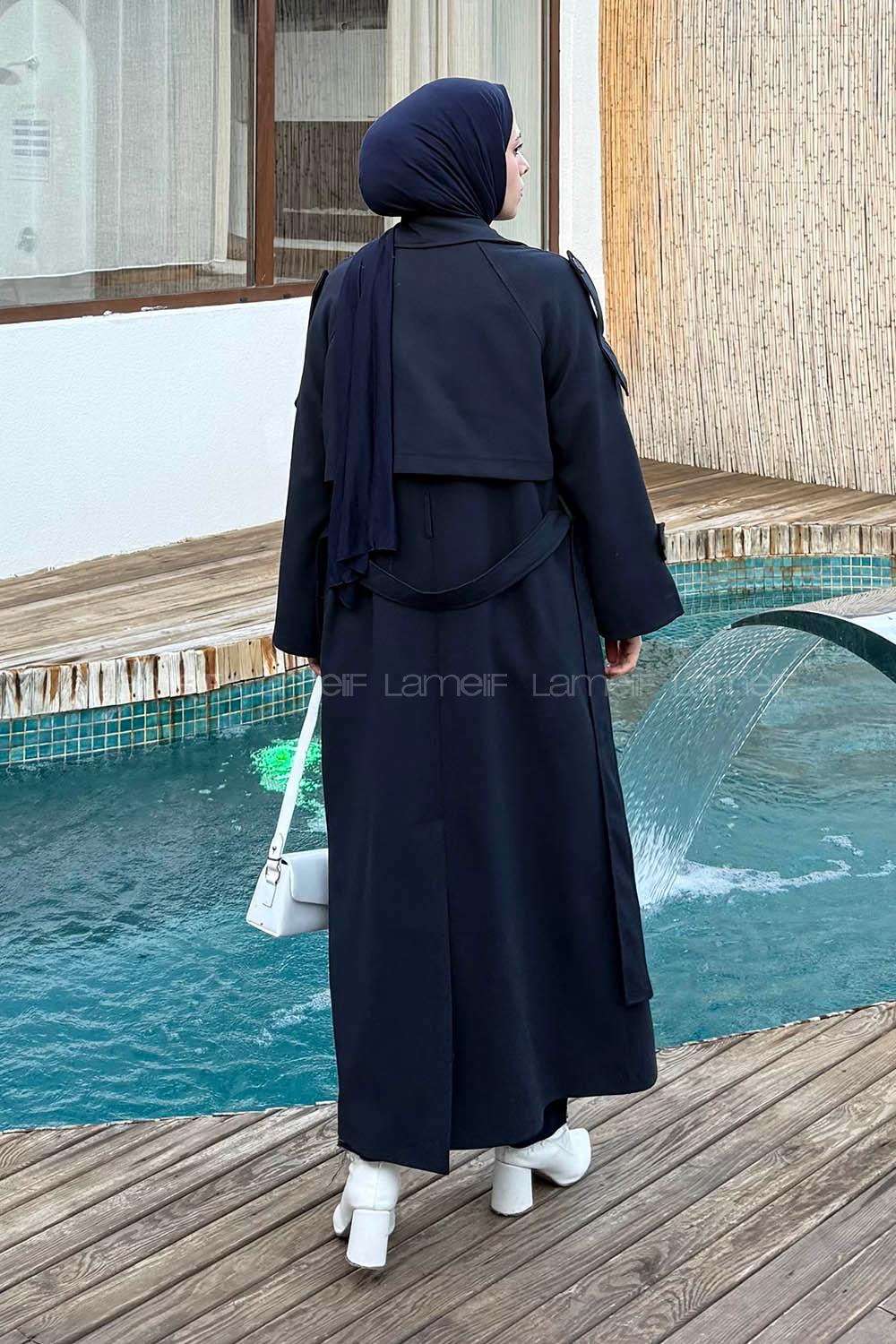 Navy Blue Long Arm Lycra Polyester Trench Coat